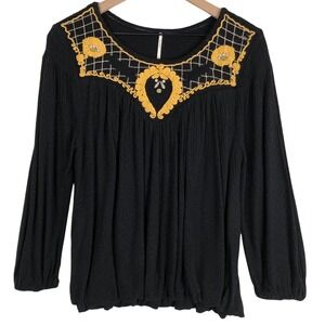 FREE PEOPLE Embroidered Top Sz S Black Gold Balloon Hem Smocked Peasant Boho